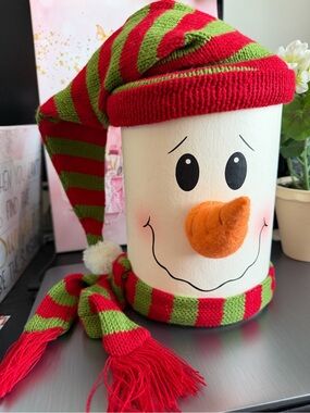 Festive Snowman Canister with Red & Green Knit Hat and Scarf Homemade